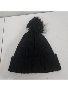 Calvin Klein Black Ribbed Knit Beanie With Faux Fur Pom-Pom And Logo Detail